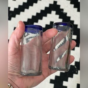 SET OF 2 MEXICAN HAND BLOWN TEQUILA SHOT GLASSES W/ BLUE RIM